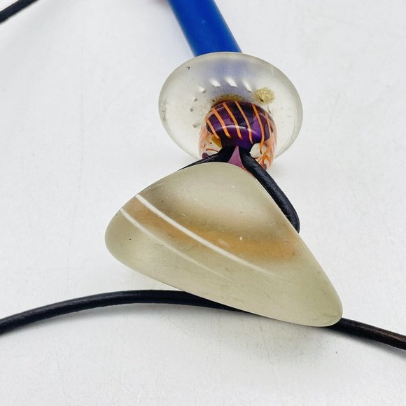 Art Glass Pendant Necklace Faux Leather Cord Silver Tone Boho Festival Party - Picture 2 of 6